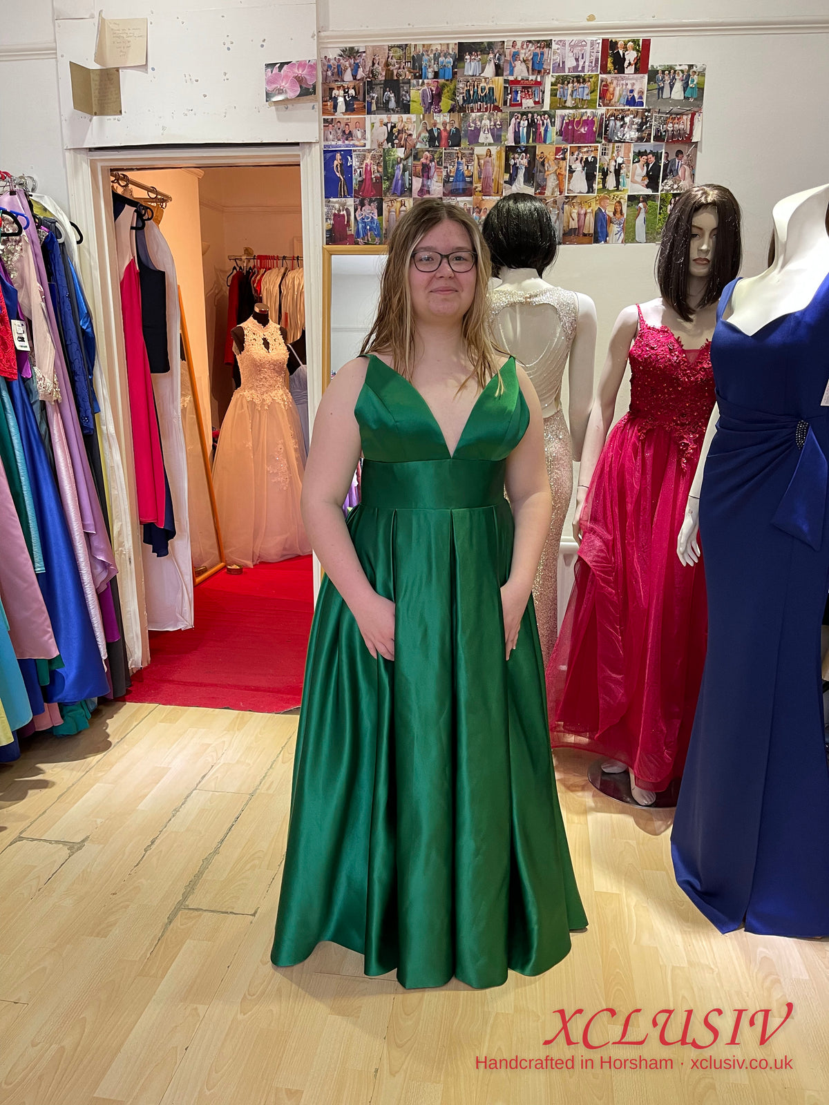 Emerald Satin V-Neck Ball Gown Prom Dress – XCLUSIV Horsham