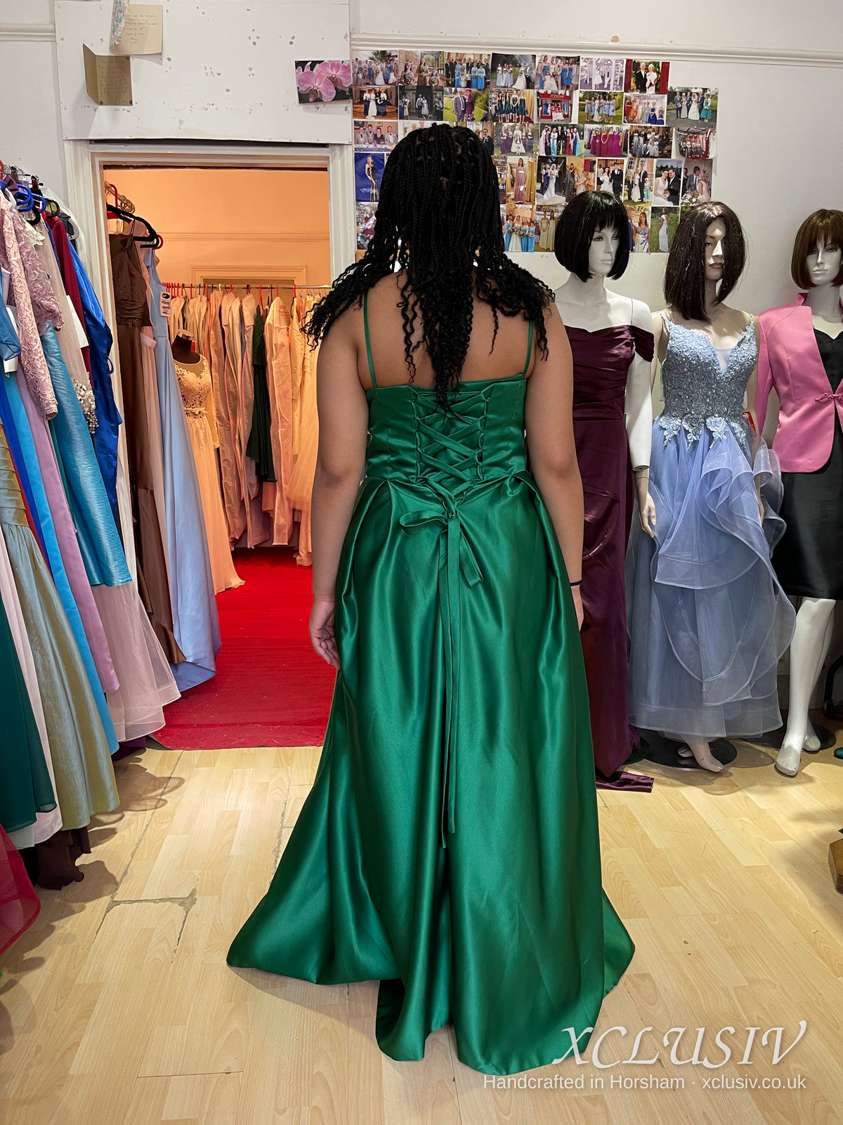 Emerald Satin V-Neck Lace-Up Back Ball Gown Prom Dress – XCLUSIV Horsham (view 2)