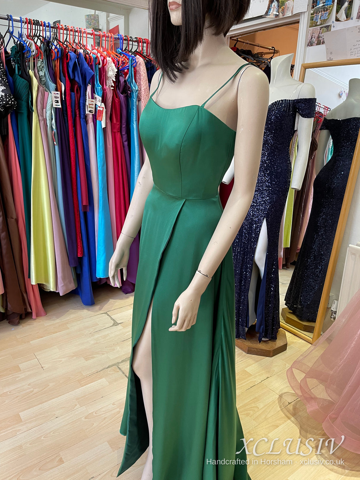 Emerald Satin Wrap Split Slip Prom Dress – XCLUSIV Horsham (view 3)
