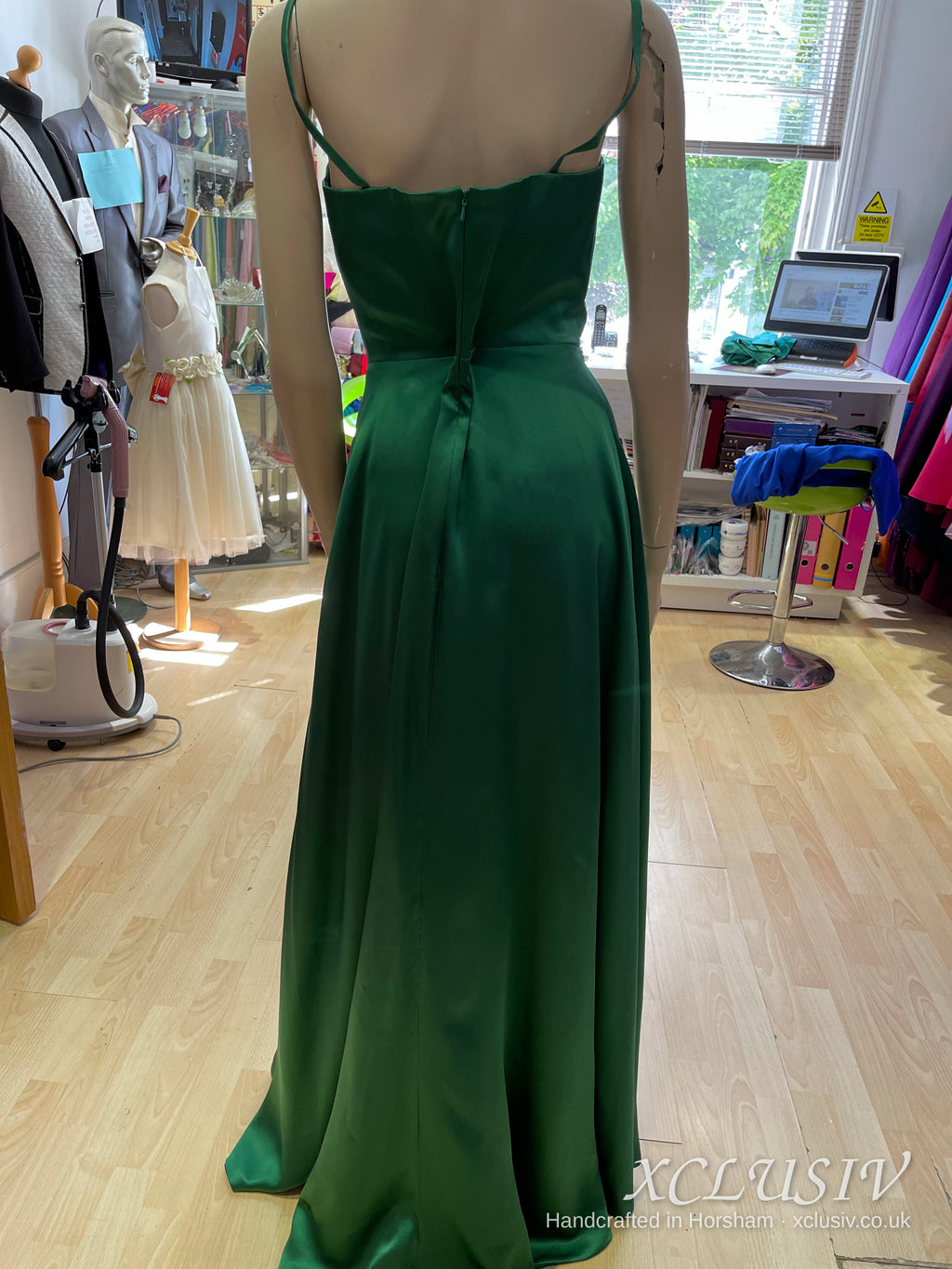 Emerald Satin Wrap Split Slip Prom Dress – XCLUSIV Horsham (view 5)
