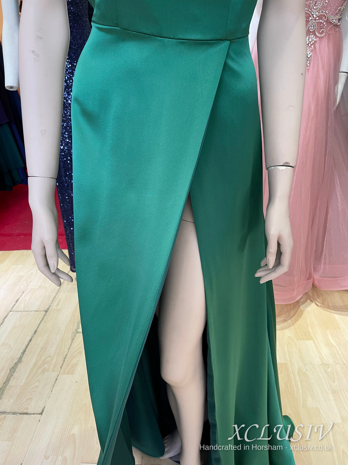 Emerald Satin Wrap Split Slip Prom Dress – XCLUSIV Horsham (view 6)