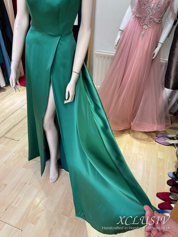 Emerald Satin Wrap Split Slip Prom Dress – XCLUSIV Horsham (view 7)