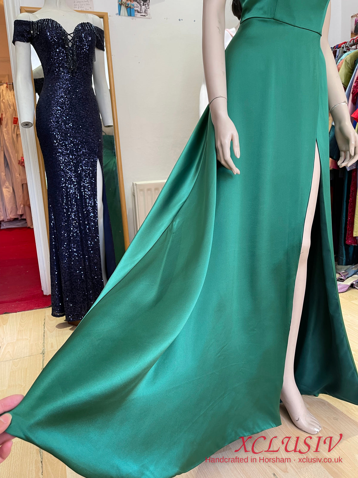 Emerald Satin Wrap Split Slip Prom Dress – XCLUSIV Horsham (view 8)