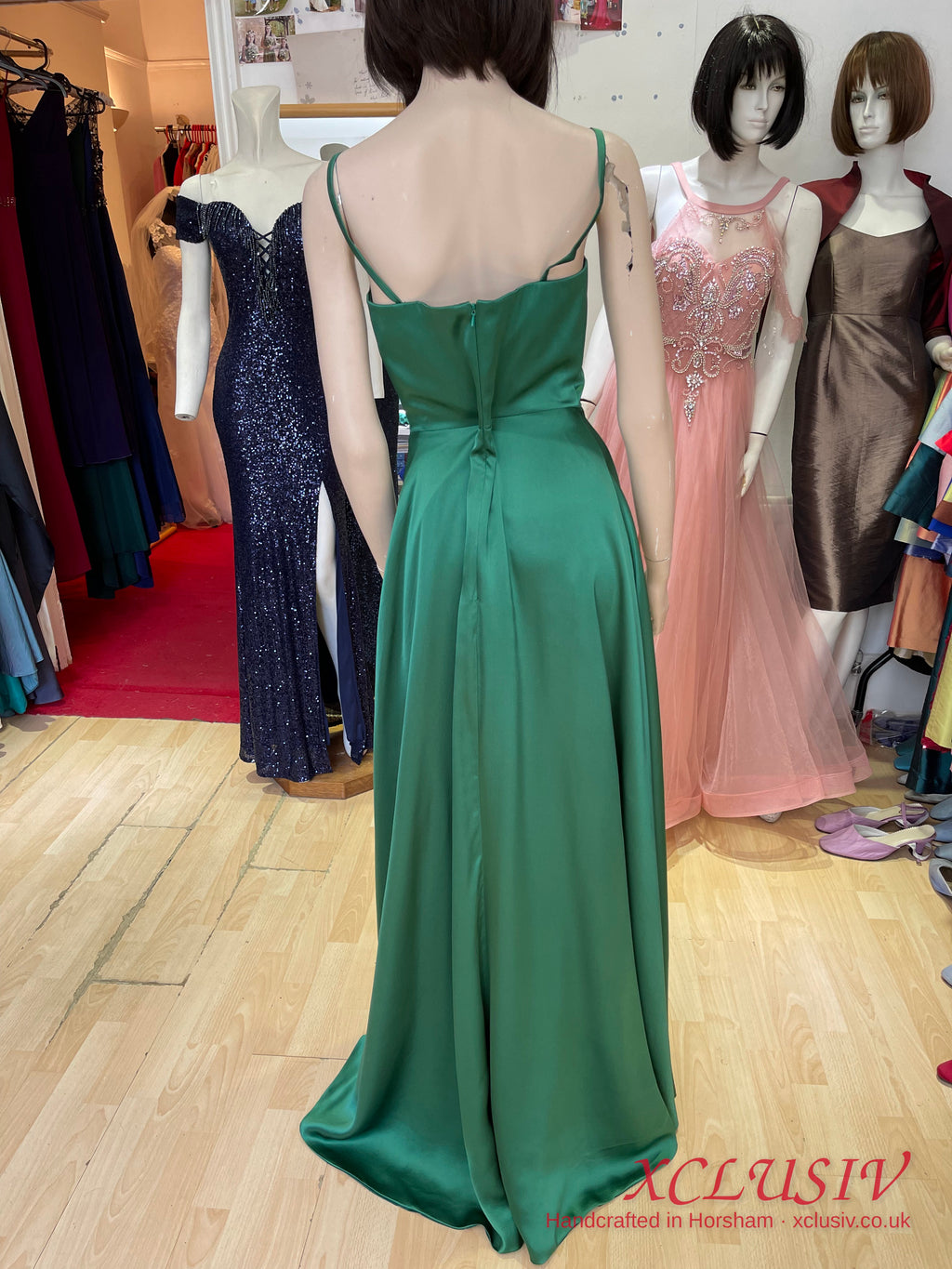 Emerald Satin Wrap Split Slip Prom Dress – XCLUSIV Horsham (view 11)