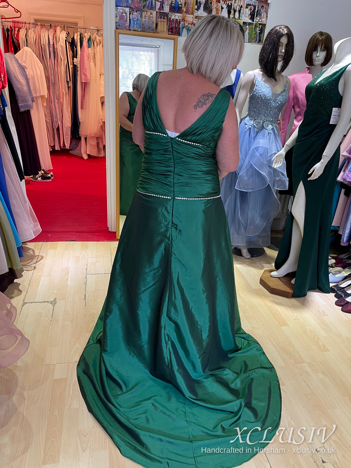 Emerald Taffeta Gown with Beaded Waist & V-Back – Mother of the Bride – XCLUSIV Horsham (view 3)