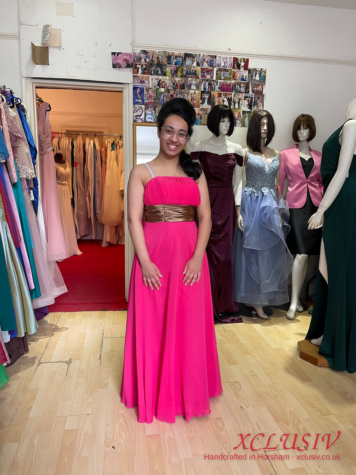 Fuchsia Chiffon Strapless Bridesmaid Dress with Bronze Sash – XCLUSIV Horsham