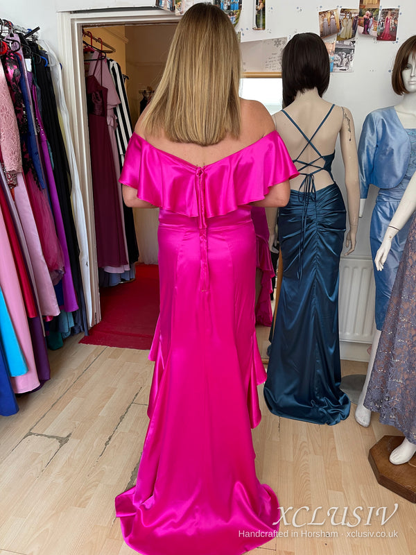 Fuchsia Satin Ruffle Off-Shoulder Mermaid Prom & Evening Dress – XCLUSIV Horsham