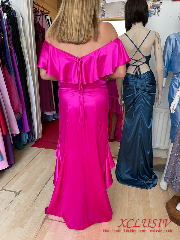 Fuchsia Satin Ruffle Off-Shoulder Mermaid Prom & Evening Dress – XCLUSIV Horsham (view 2)