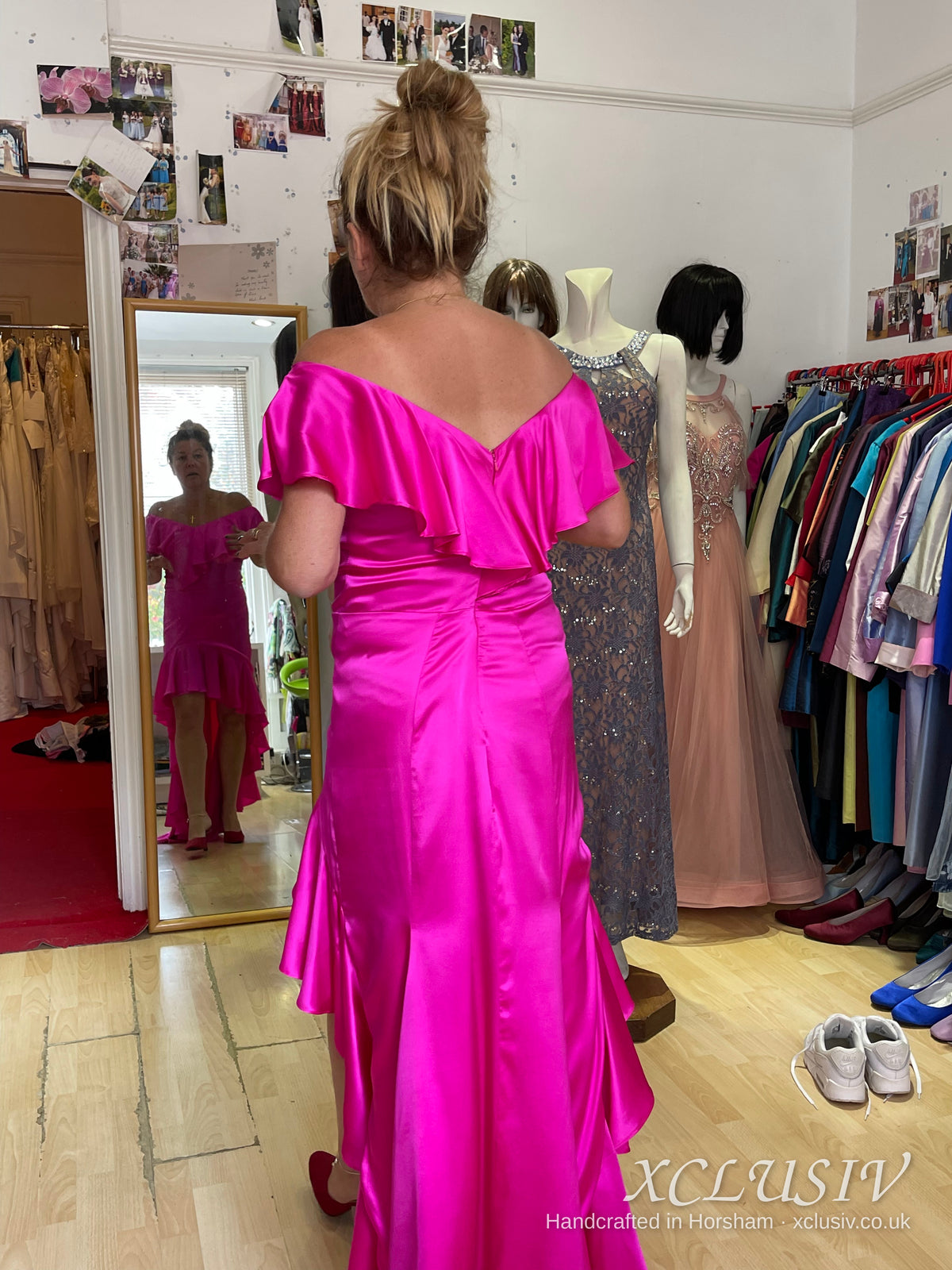 Fuchsia Satin Ruffle Off-Shoulder Mermaid Prom & Evening Dress – XCLUSIV Horsham (view 3)