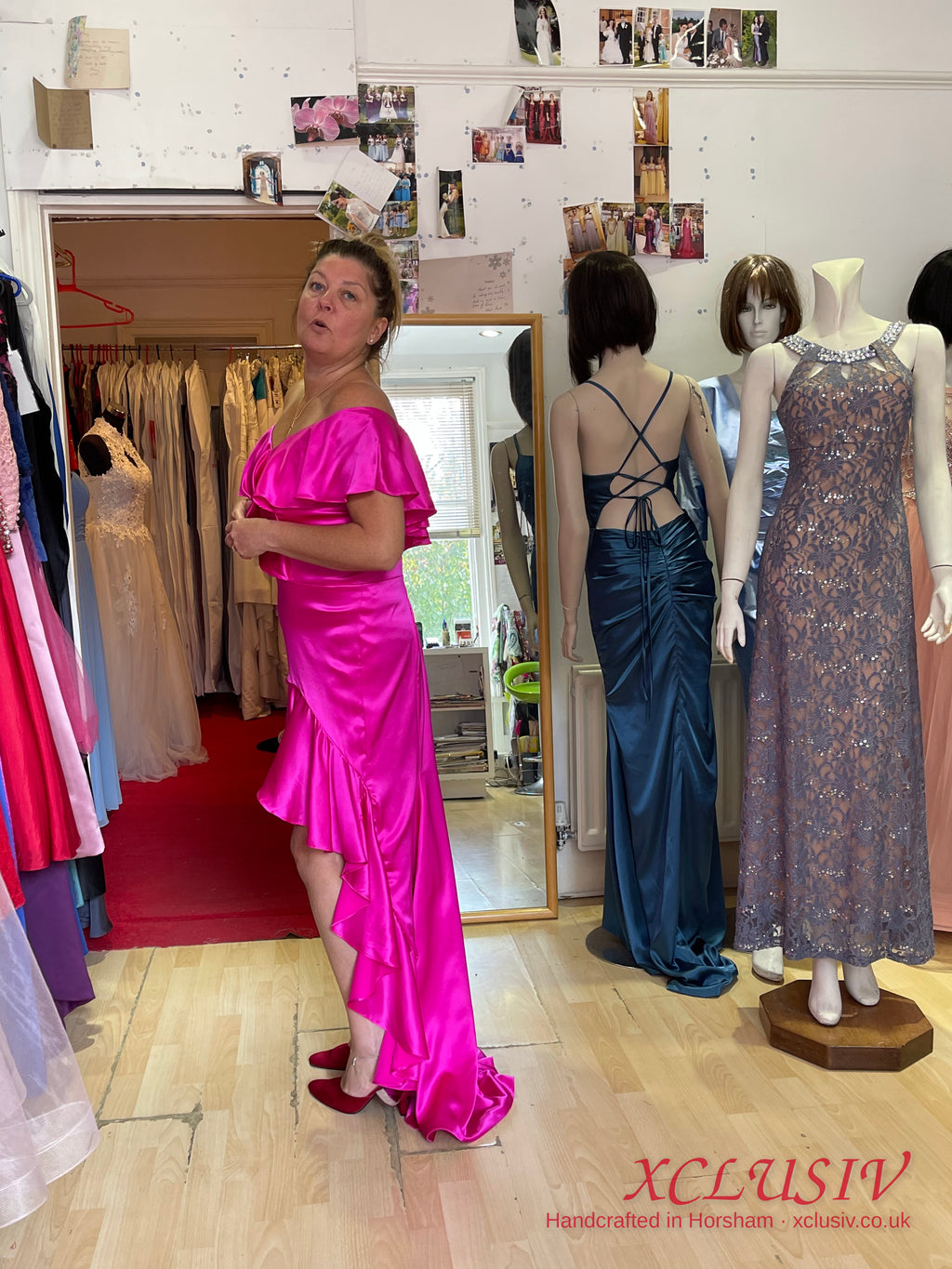 Fuchsia Satin Ruffle Off-Shoulder Mermaid Prom & Evening Dress – XCLUSIV Horsham (view 5)
