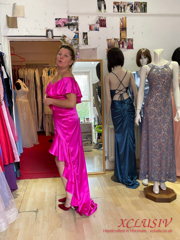 Fuchsia Satin Ruffle Off-Shoulder Mermaid Prom & Evening Dress – XCLUSIV Horsham (view 5)