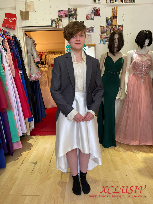 Grey Tailcoat & White Satin High-Low Prom Outfit – XCLUSIV Horsham