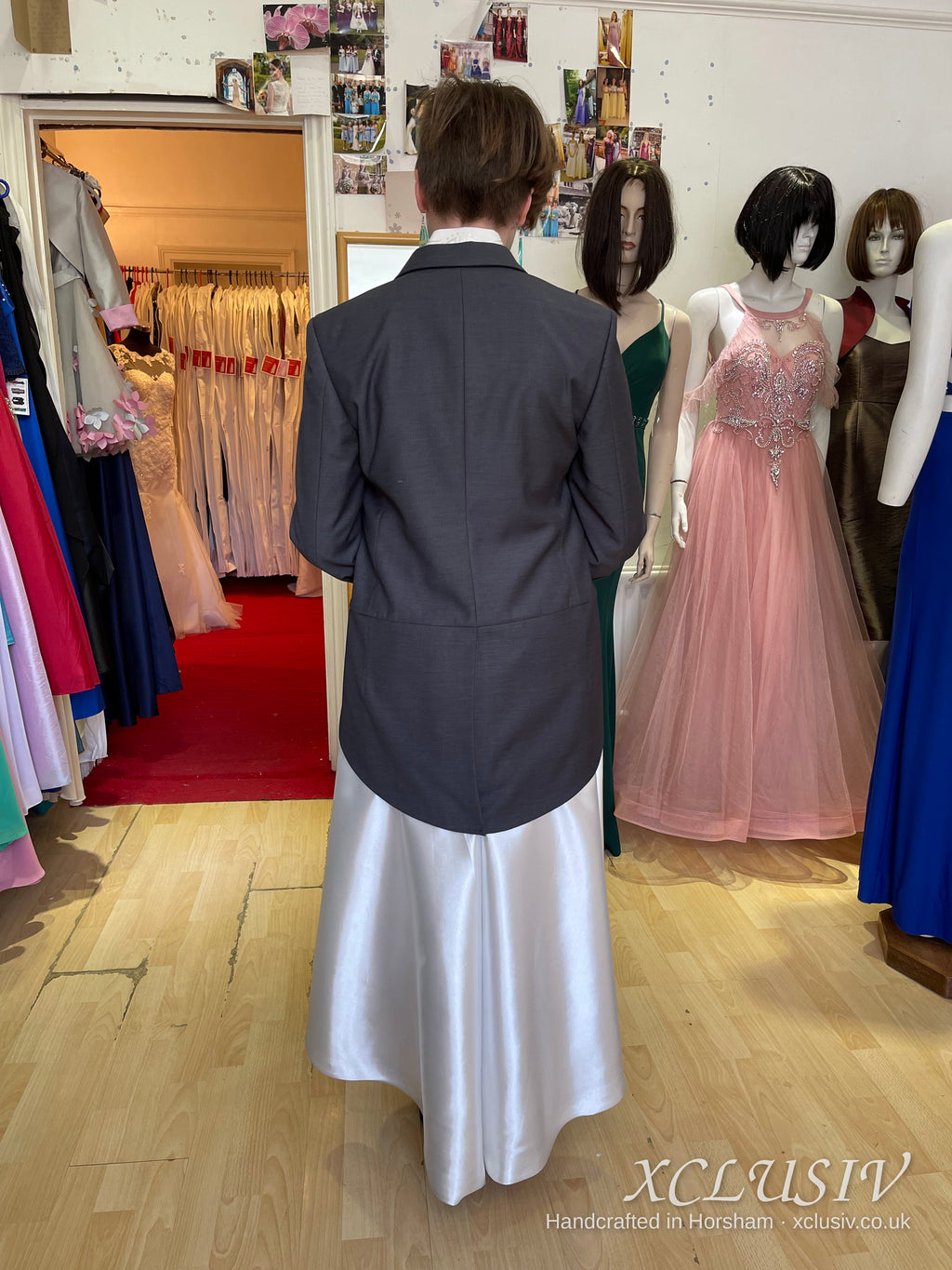Grey Tailcoat & White Satin High-Low Prom Outfit – XCLUSIV Horsham (view 2)