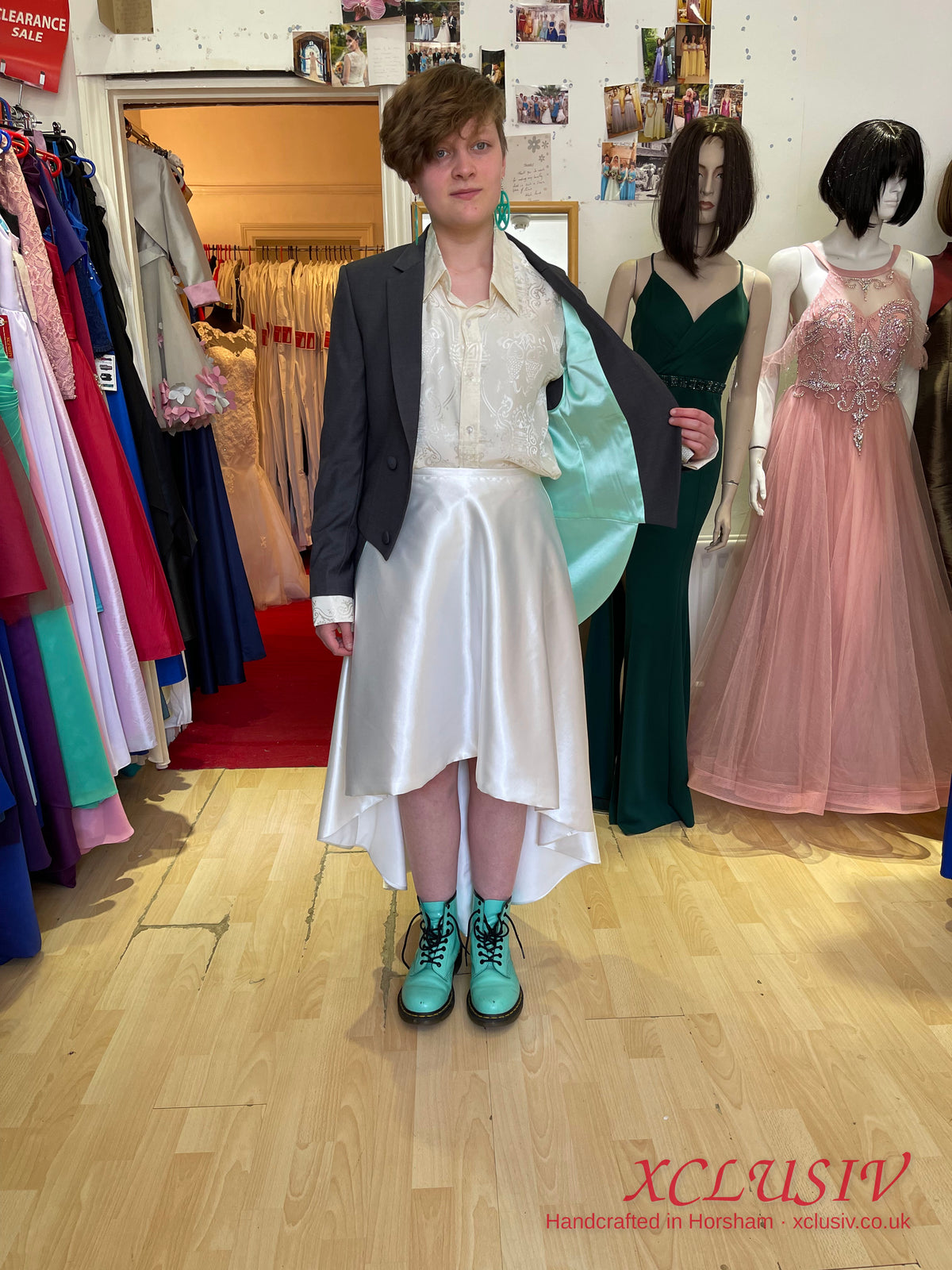 Grey Tailcoat & White Satin High-Low Prom Outfit – XCLUSIV Horsham (view 3)