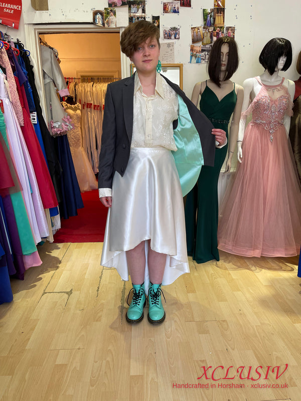 Grey Tailcoat & White Satin High-Low Prom Outfit – XCLUSIV Horsham (view 3)