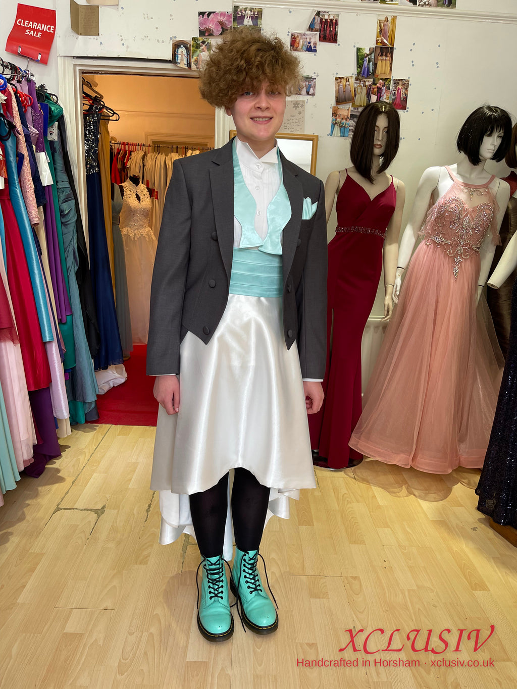 Grey Tailcoat & White Satin High-Low Prom Outfit – XCLUSIV Horsham (view 4)