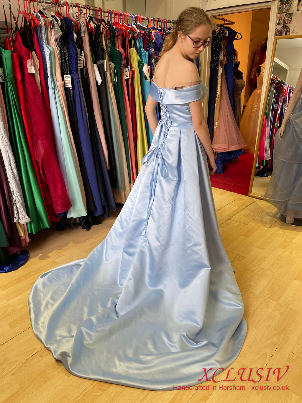 Ice Blue Satin Off-Shoulder Ball Gown Train Prom Dress – XCLUSIV Horsham