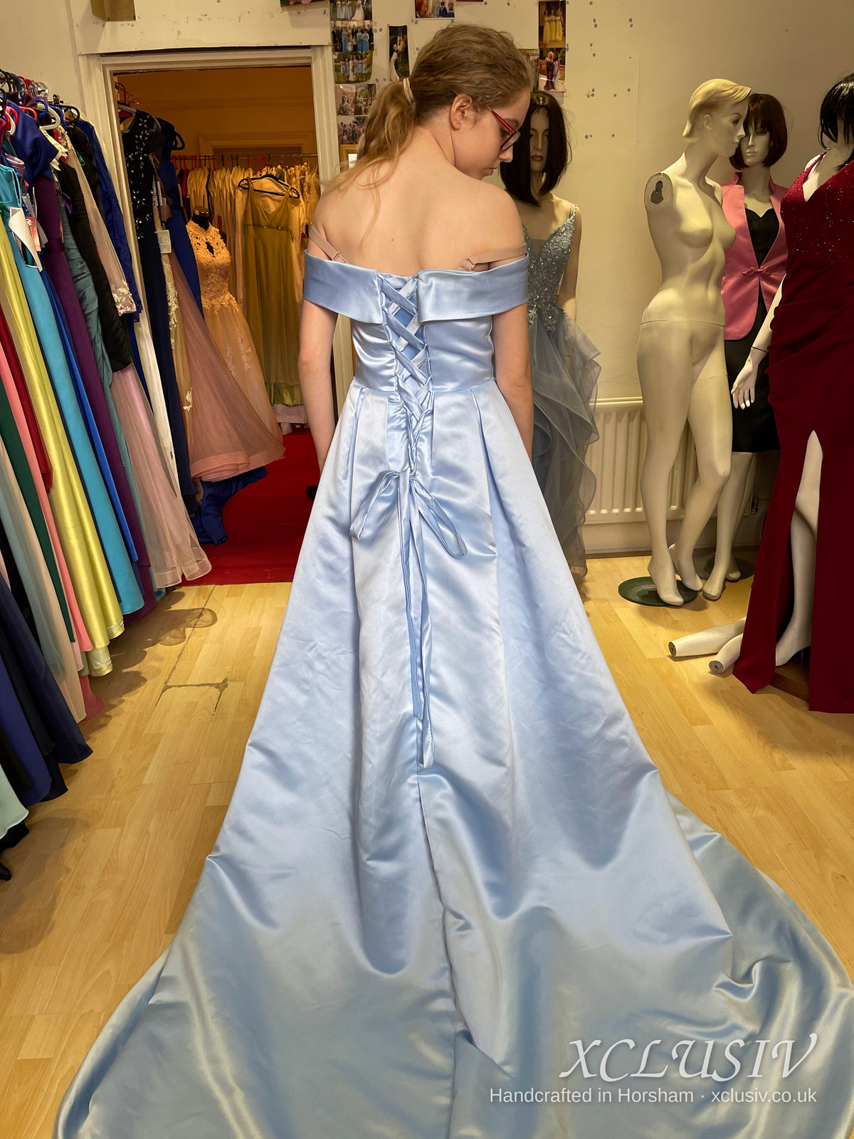 Ice Blue Satin Off-Shoulder Ball Gown Train Prom Dress – XCLUSIV Horsham (view 2)