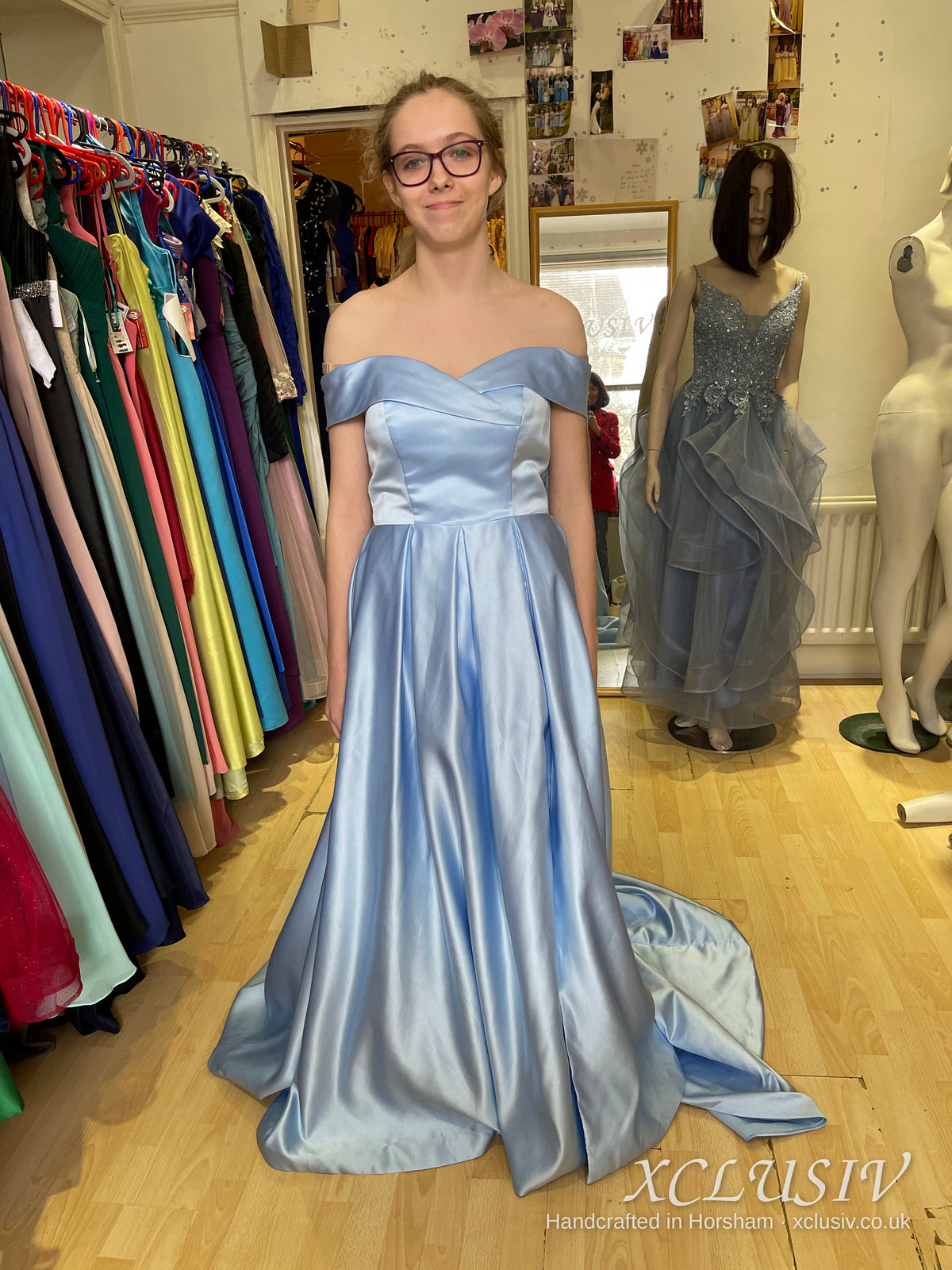 Ice Blue Satin Off-Shoulder Ball Gown Train Prom Dress – XCLUSIV Horsham (view 3)