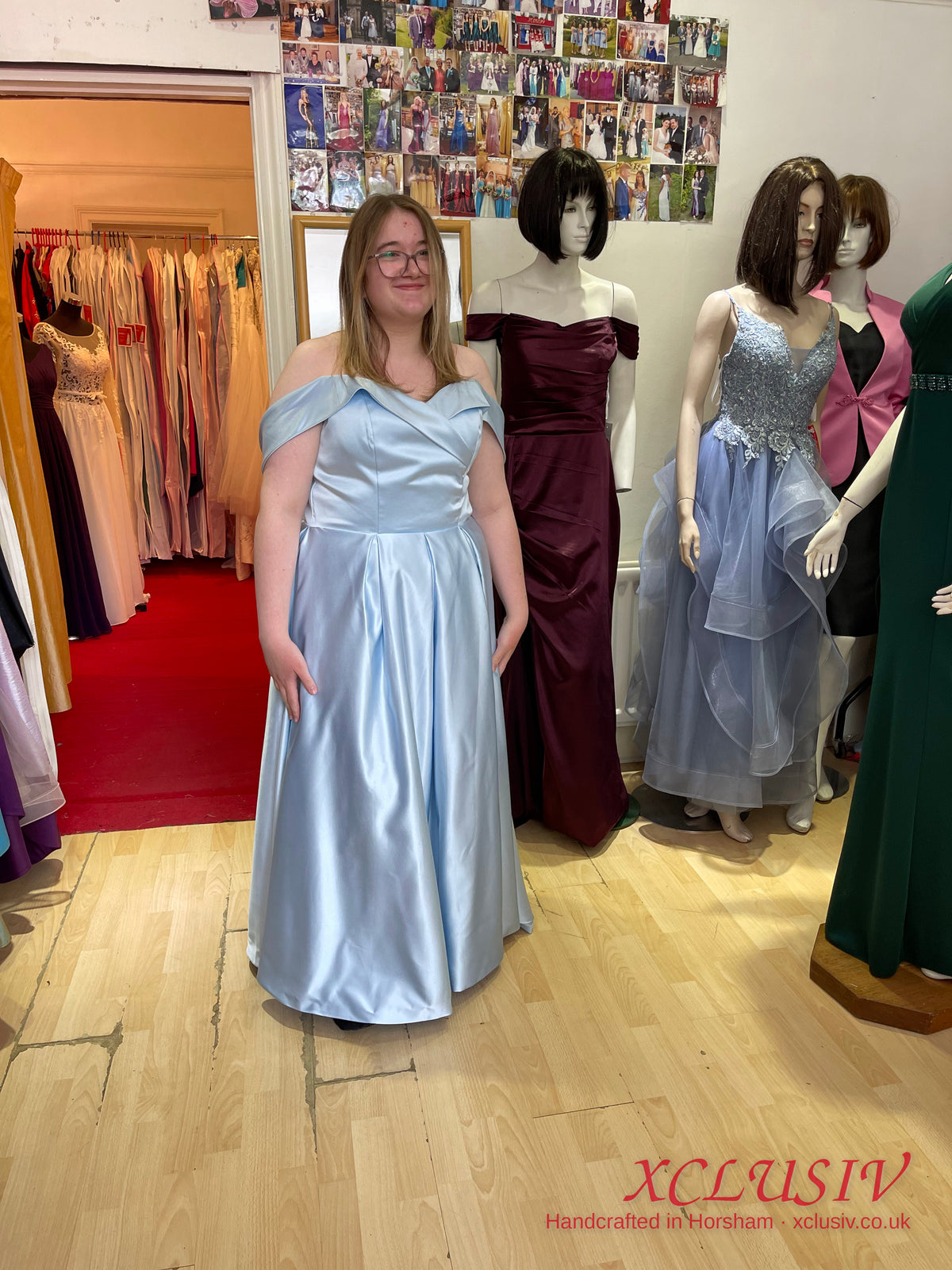 Ice Blue Satin Off-Shoulder Ball Gown Train Prom Dress – XCLUSIV Horsham (view 4)