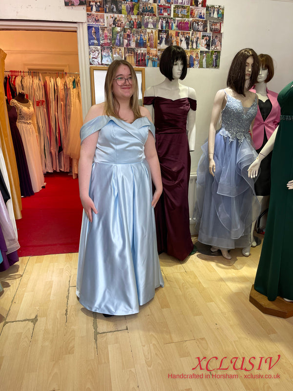 Ice Blue Satin Off-Shoulder Ball Gown Train Prom Dress – XCLUSIV Horsham (view 4)