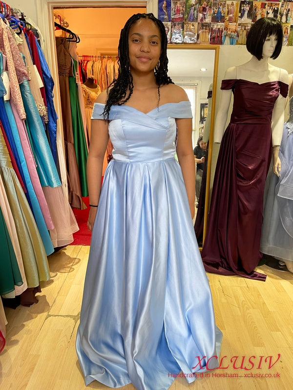 Ice Blue Satin Off-Shoulder Lace-Up Back Ball Gown Prom Dress – XCLUSIV Horsham