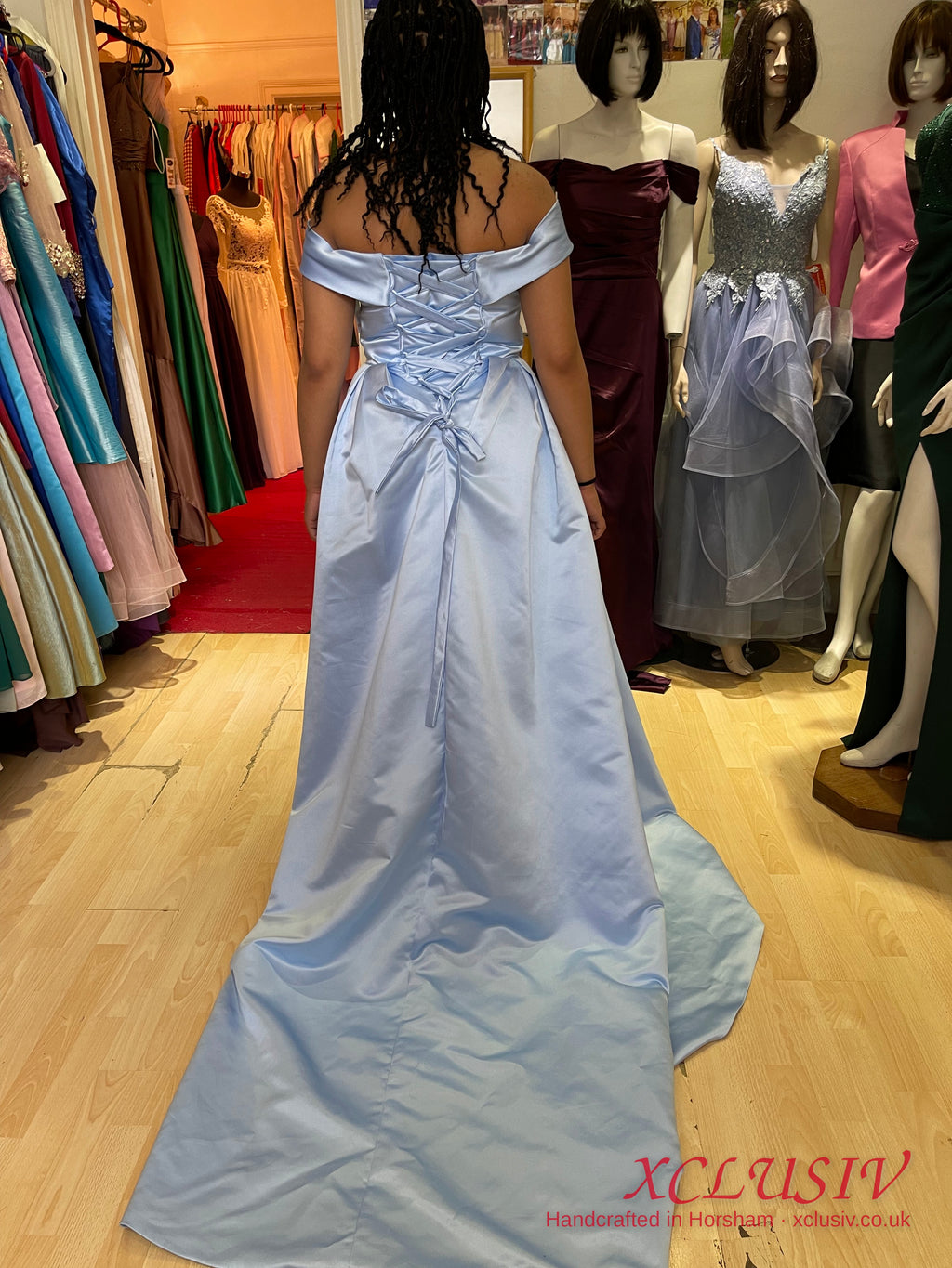 Ice Blue Satin Off-Shoulder Lace-Up Back Ball Gown Prom Dress – XCLUSIV Horsham (view 2)
