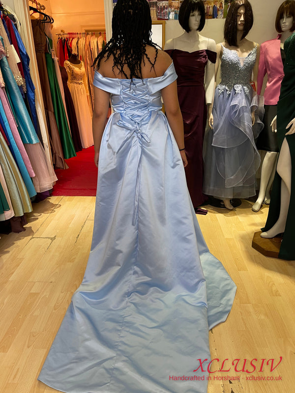 Ice Blue Satin Off-Shoulder Lace-Up Back Ball Gown Prom Dress – XCLUSIV Horsham (view 2)