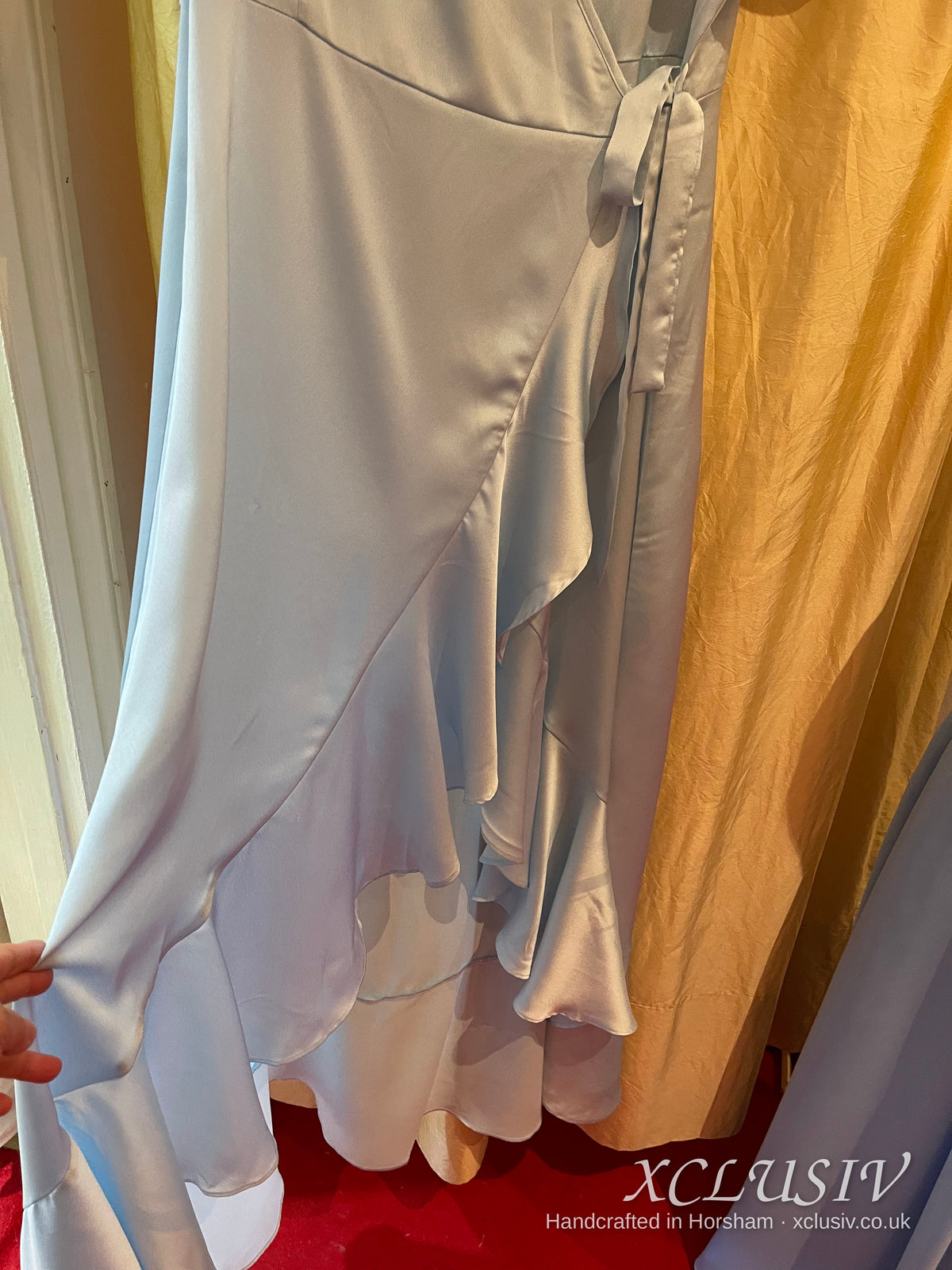 Ice Blue Satin Wrap Ruffle Prom & Evening Dress – XCLUSIV Horsham (view 6)