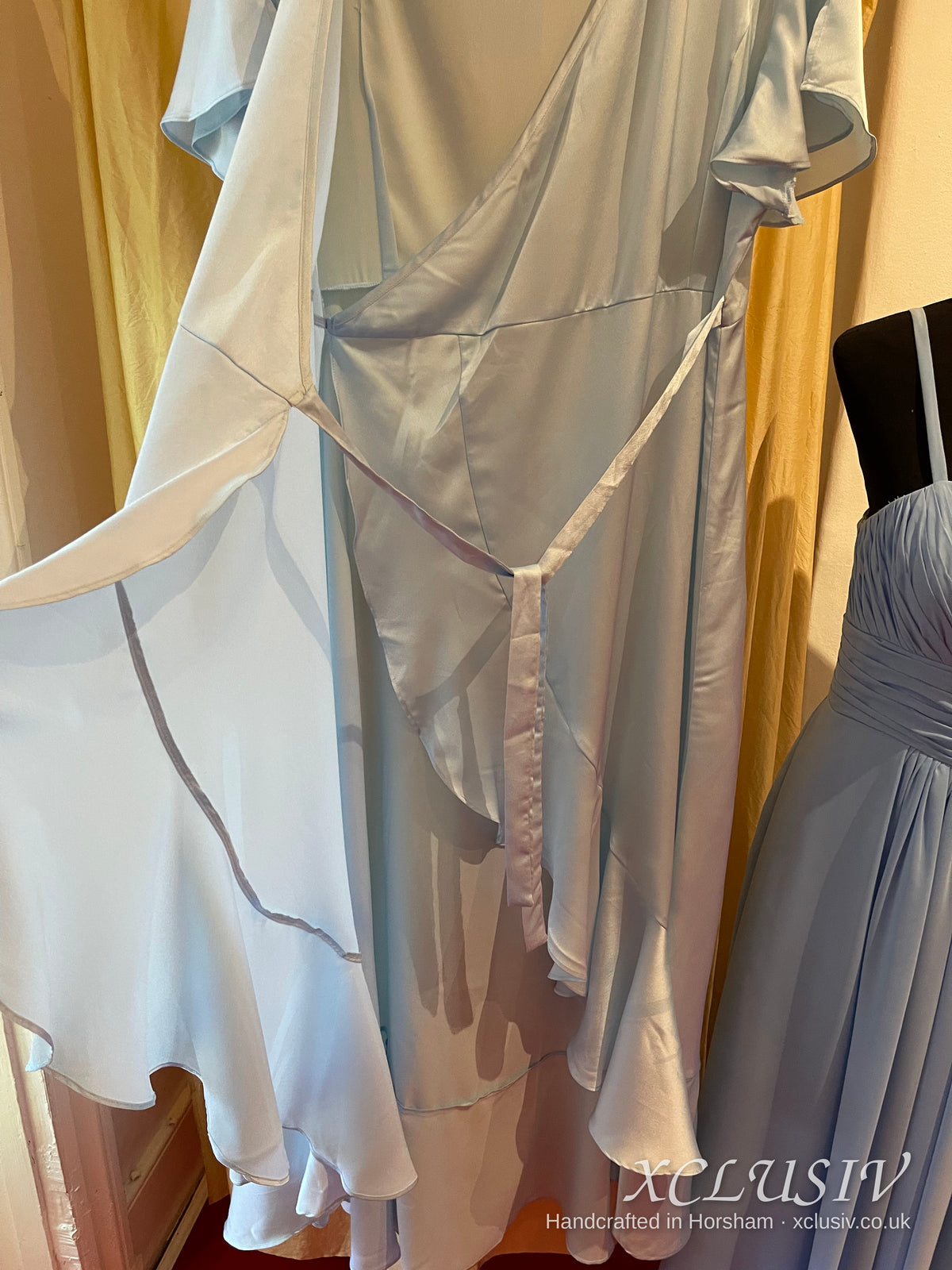 Ice Blue Satin Wrap Ruffle Prom & Evening Dress – XCLUSIV Horsham (view 7)