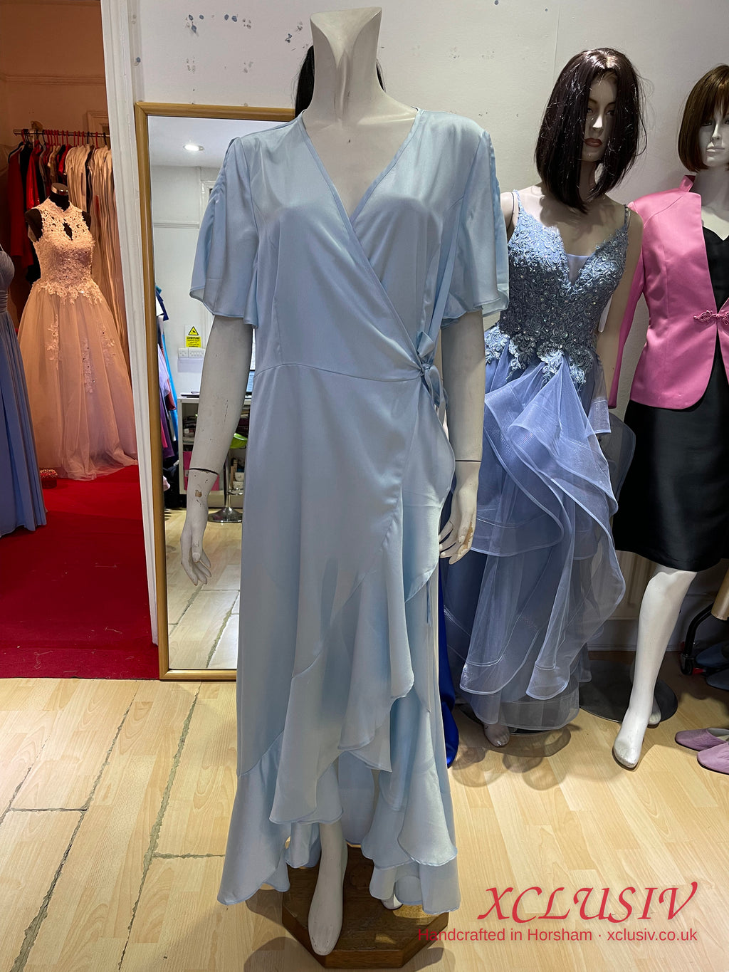 Ice Blue Satin Wrap Ruffle Prom & Evening Dress – XCLUSIV Horsham (view 8)