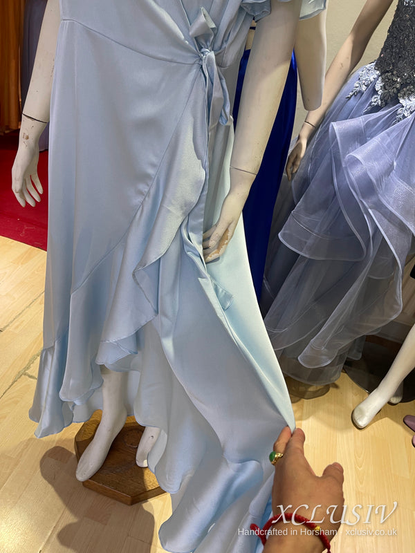 Ice Blue Satin Wrap Ruffle Prom & Evening Dress – XCLUSIV Horsham (view 9)