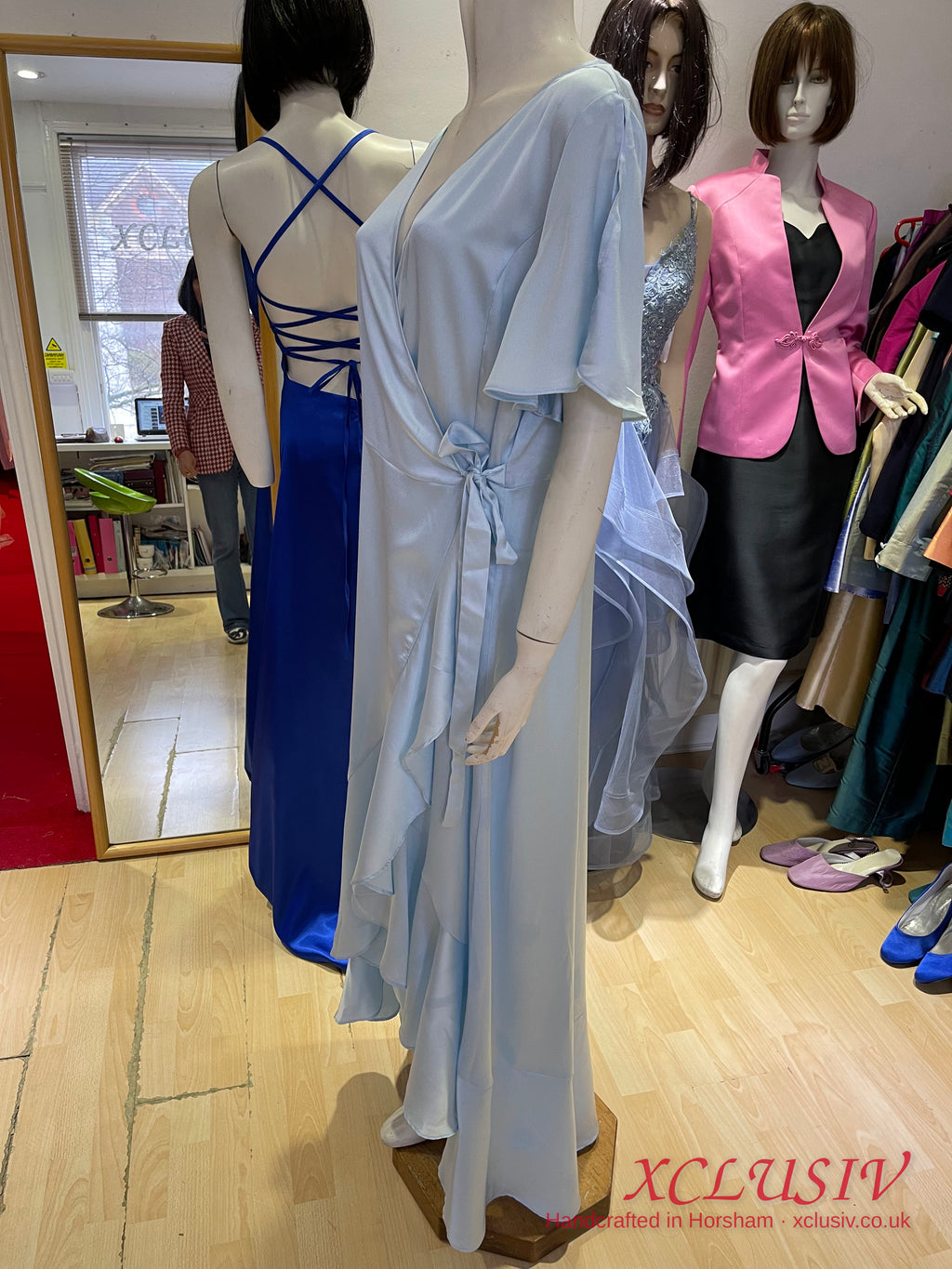 Ice Blue Satin Wrap Ruffle Prom & Evening Dress – XCLUSIV Horsham (view 10)