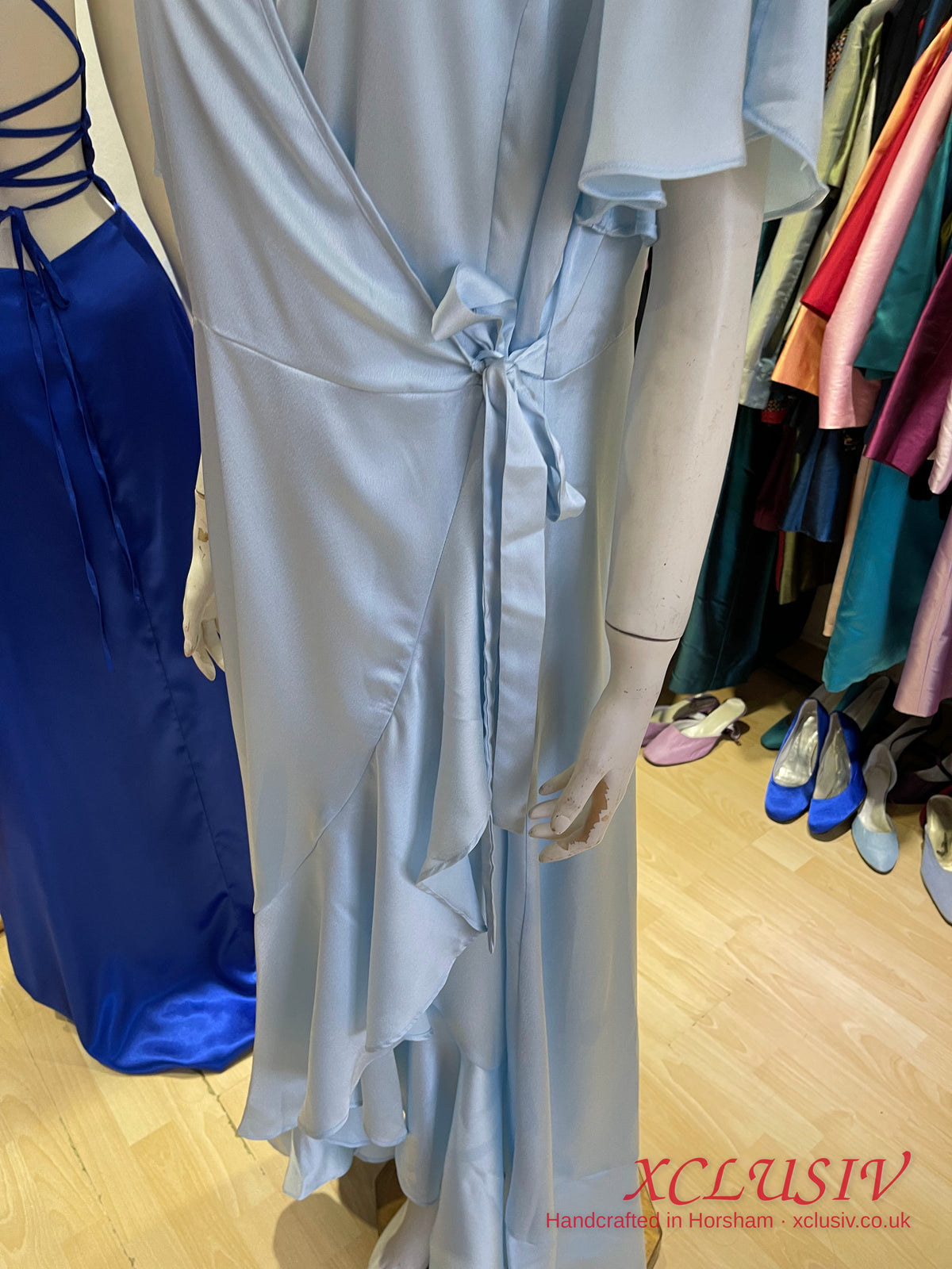 Ice Blue Satin Wrap Ruffle Prom & Evening Dress – XCLUSIV Horsham (view 11)
