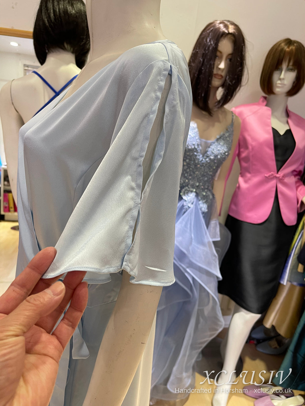 Ice Blue Satin Wrap Ruffle Prom & Evening Dress – XCLUSIV Horsham (view 12)