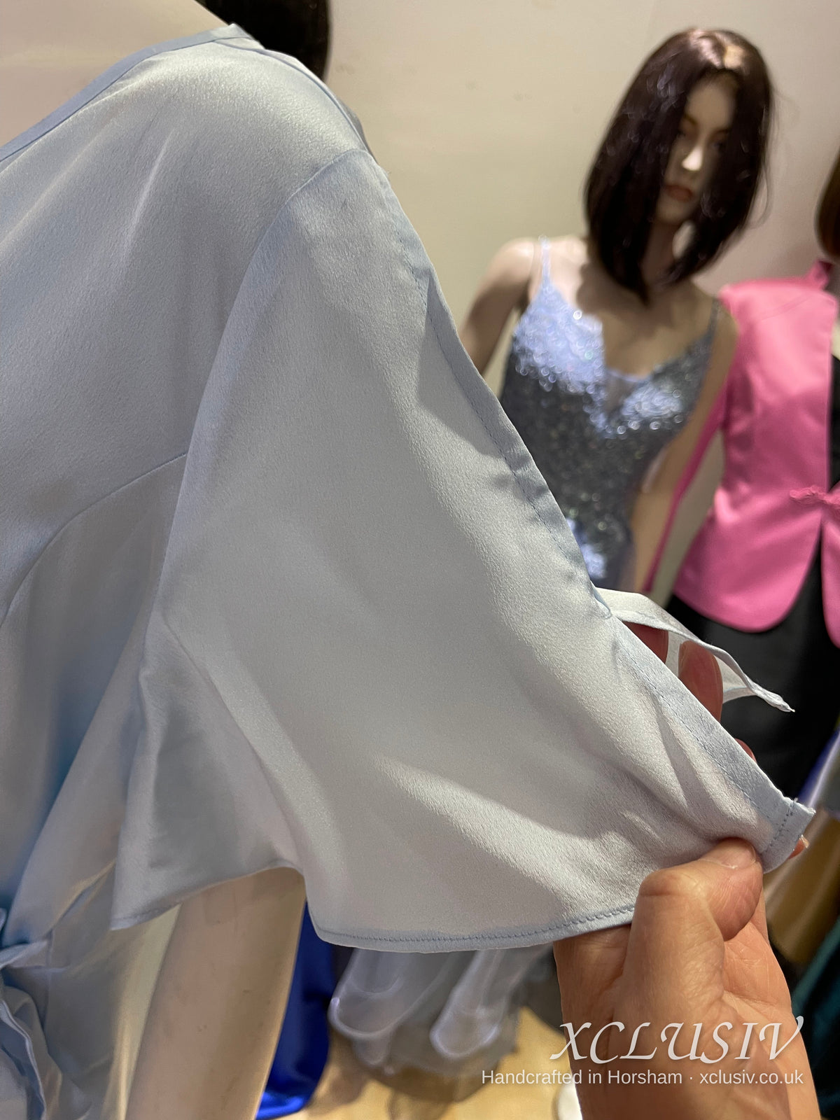Ice Blue Satin Wrap Ruffle Prom & Evening Dress – XCLUSIV Horsham (view 13)