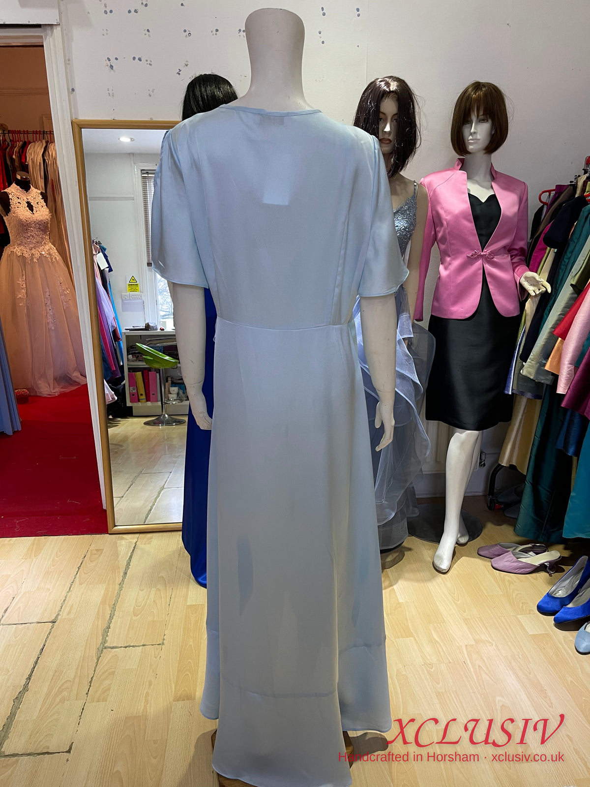 Ice Blue Satin Wrap Ruffle Prom & Evening Dress – XCLUSIV Horsham (view 14)