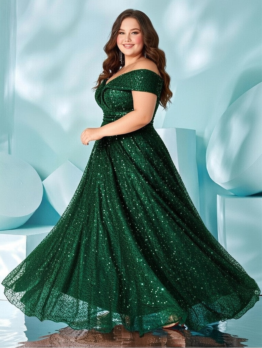 Elegant Plus Size Off-Shoulder Sparkle Evening Gown Main image