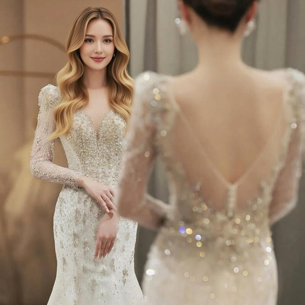 Elegant Beaded Mermaid Wedding Dress with Long Illusion Sleeves and Dramatic Open Back Main image