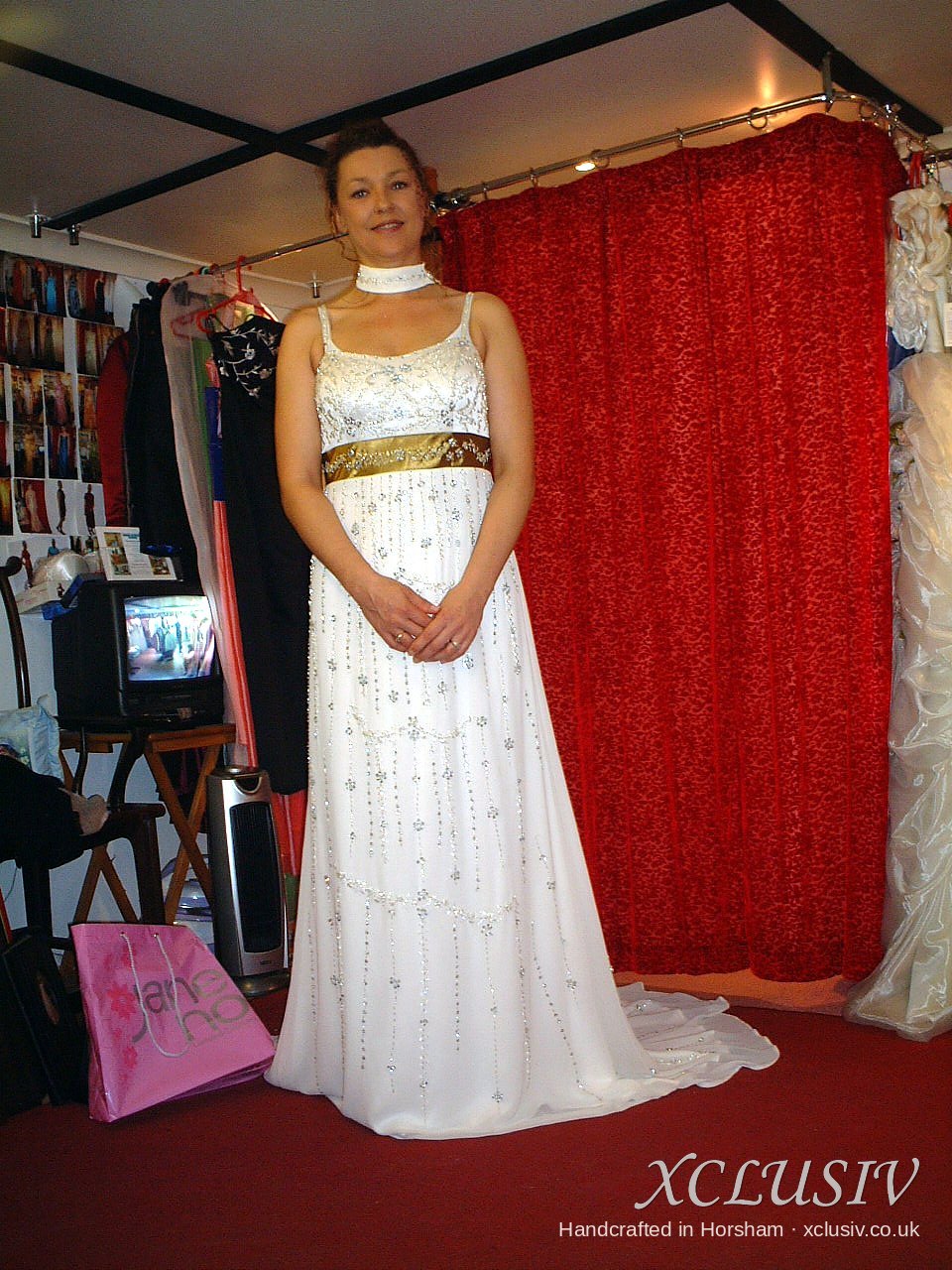 Ivory Beaded Chiffon Empire Wedding Dress with Gold Sash – XCLUSIV Horsham