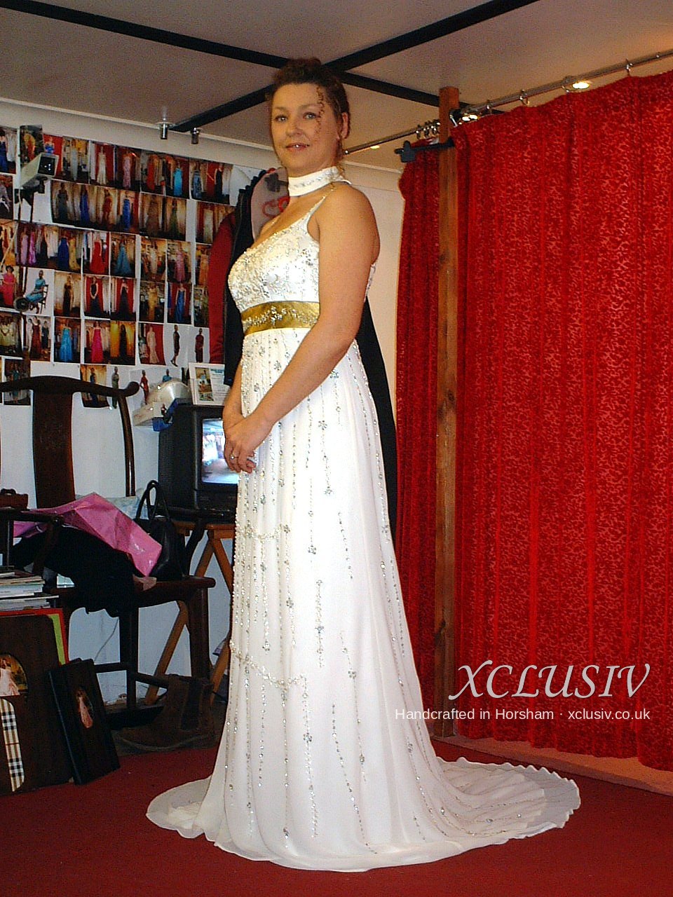 Ivory Beaded Chiffon Empire Wedding Dress with Gold Sash – XCLUSIV Horsham (side view)