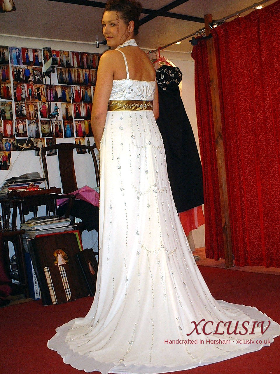 Ivory Beaded Chiffon Empire Wedding Dress with Gold Sash – XCLUSIV Horsham (back view with train)