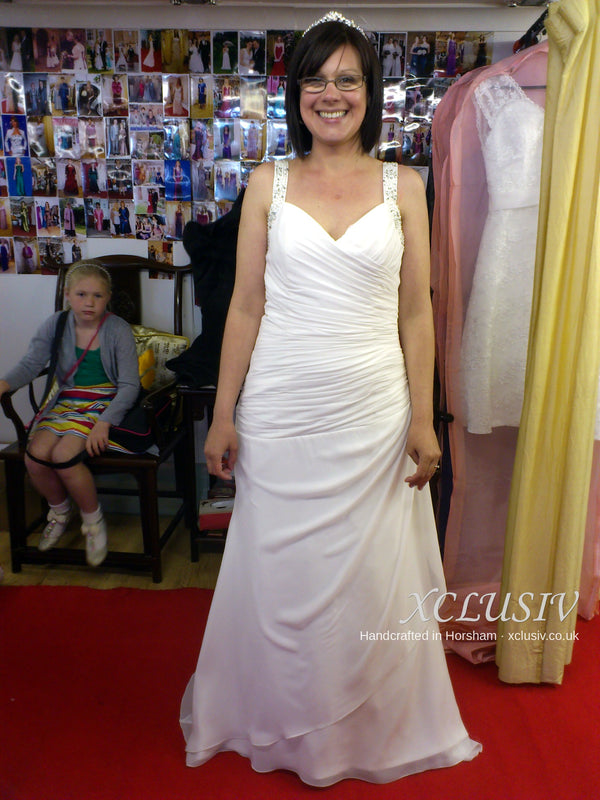 Ivory Chiffon V-Neck Ruched Wedding Dress with Beaded Straps – XCLUSIV Horsham