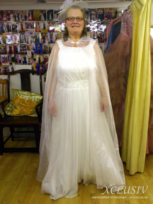 Ivory Chiffon Wedding Dress with Sheer Cape – Mature Bride – XCLUSIV Horsham (view 2)