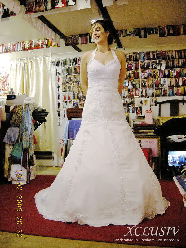 Ivory Halter A-Line Wedding Dress with Embroidery & Jacket – XCLUSIV Horsham (view 2)