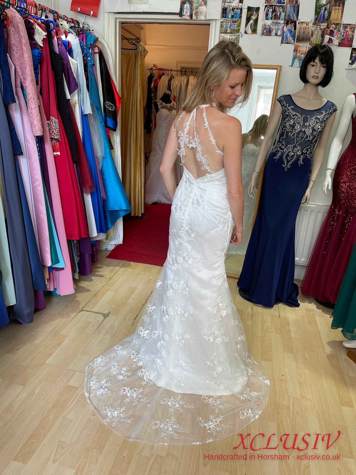 Fitted Ivory Lace Wedding Dress with Illusion Neckline – XCLUSIV Horsham (view 3)
