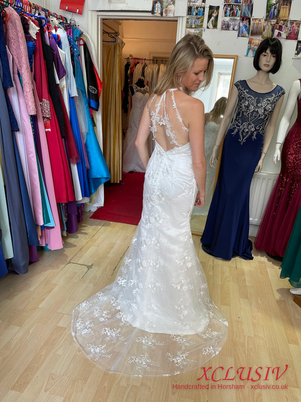 Fitted Ivory Lace Wedding Dress with Illusion Neckline – XCLUSIV Horsham (view 3)