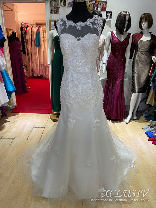 Ivory Lace Fit-and-Flare Wedding Dress with Illusion Neck & V-Back – XCLUSIV Horsham