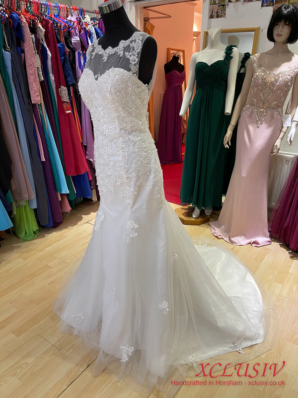 Ivory Lace Fit-and-Flare Wedding Dress with Illusion Neck & V-Back – XCLUSIV Horsham (view 2)