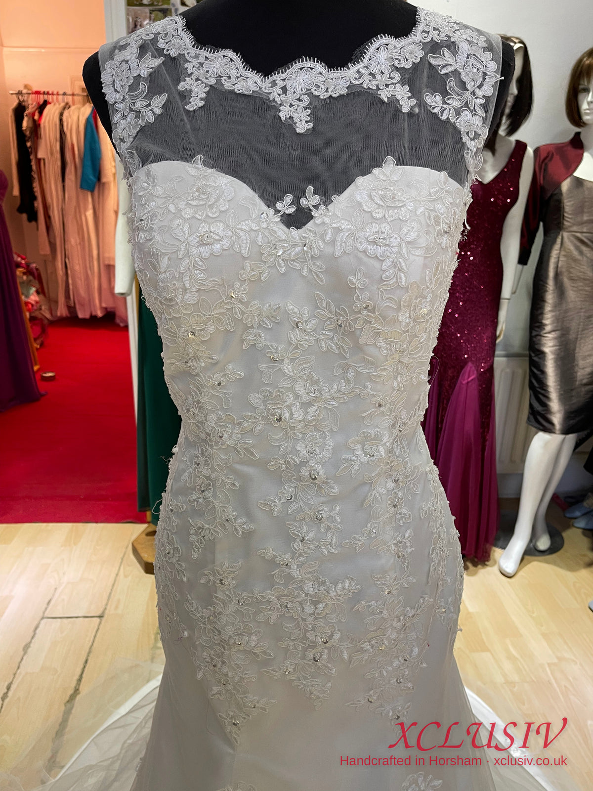 Ivory Lace Fit-and-Flare Wedding Dress with Illusion Neck & V-Back – XCLUSIV Horsham (view 4)